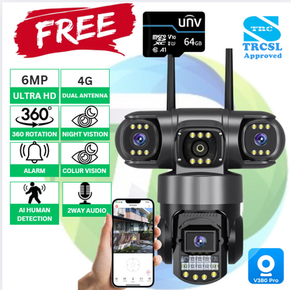 FREE 64GB SD  SC28  V380 Pro Triple Lens 6Mp 4G Sim HD Wireless Security Camera (CCTV)